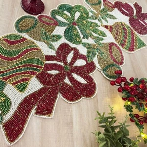 Handmade Christmas table runner, beaded runner, multi colour, 13x36inch - Picture 1 of 5