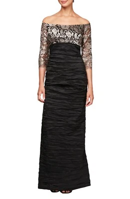 NWT $229 Alex Evenings Off Shoulder Empire Waist Gown Black/Taupe [SZ 10 ] E656 - Image 1 of 4