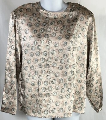 复古缎面上衣衬衫 8P 桃灰色 Geo 长袖职业经典 Y2K — 第 1/4 张图片