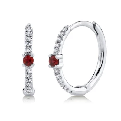 Ruby Diamond Huggie Hoop Earrings 14K White Gold Round Cut Natural 0.14 TCW - Image 1 of 2