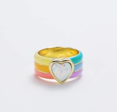 Anillo Corazón Esmalte Arco Iris - Centro Ópalo Corazón Chapado en Oro - Joyería Declaración Foto 1 de 4