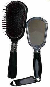 Med Black Cushion Paddle Hair Brush & Hand Mirror Set or Mini Paddle Brush Only - Picture 1 of 3