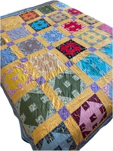 Vintage Handmade Quilt Churn Dash Pattern Hand Tied 95x81 Pristine Large Yellow - Picture 1 of 8