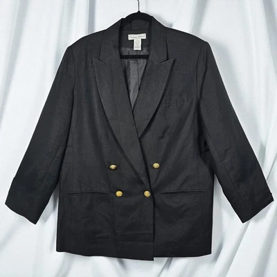 Stephanie Andrews Women Blazer 18W Black Linen Blend Double Breasted Gold Button - Image 1 of 4