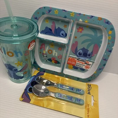 Stitch Meal Set ~ Melamine Divider Plate 22x19.5cm, Tumbler 502ml & Spoon + Fork - image 1 of 4