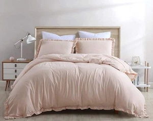 Nora 3Piece Ruffled Edge Trim Duvet Cover Set Hypoallergenic Soft Washed Micro - Picture 1 of 6