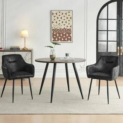 Round Dark Walnut Dining Table Set with 2 Black Faux Suede Chairs Kitchen - Image 1 of 4
