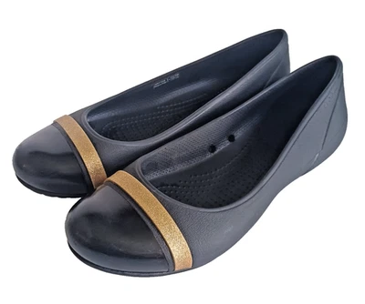 Zapato sin cordones Crocs para mujer negro de ballet a rayas doradas talla 8 puntera cómoda Foto 1 de 4