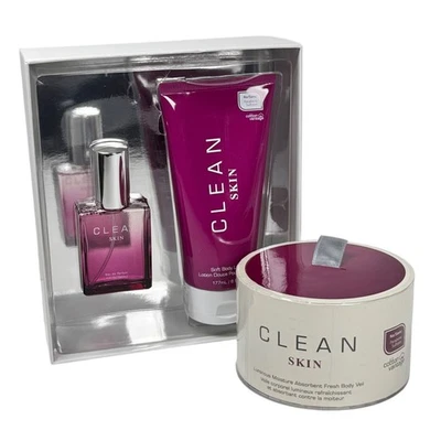 Nuevo LIMPIO Piel Limpia Eau De Parfum 1 OZ Loción Corporal 6 OZ Polvo Set de Regalo Foto 1 de 4