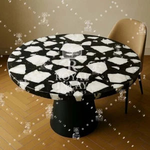 42" Round White Quartz & Obsidian Table – Geometric Inlay – Modern Stone Art - Picture 1 of 10