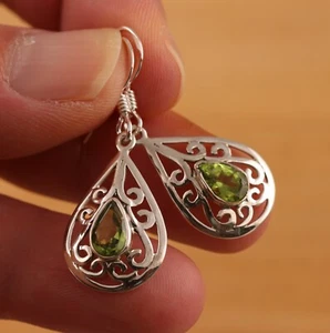 Natural Peridot 925 Sterling Silver Dangle Drop Large Filigree Earrings Gift Box - Picture 1 of 5