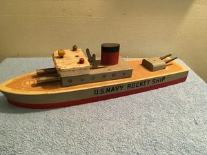 ANTIQUE 1940's KEYSTONE WOODEN U.S. NAVY ROCKET SHIP WOOD TOY BOAT U S MILITARY - Picture 1 of 16