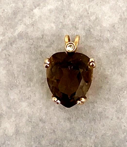14k Gold Smoky Quartz Topaz Heart Pendant 6.5-ct w/ Diamond Accent Estate Sale - Picture 1 of 10