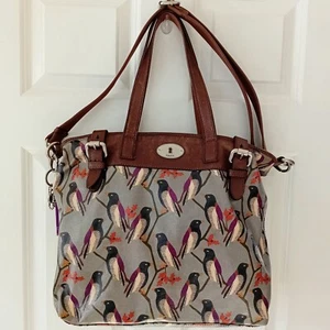 FOSSIL KEY PER Vintage Grey Purple Canvas Birds Motif Tote Brown Leather Trim - Picture 1 of 21
