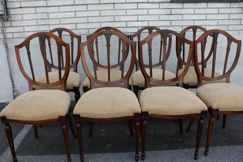 Set of 8 Shield Back  Olive Wood Dining Chairs, New Upholstery Cover