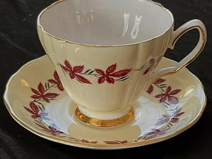 Taza y platillo Colclough Bone China C9 D8 amarillo claro con ENREDADERAS HOJAS ROJAS ¡Bonito! - Imagen 1 de 6