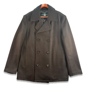 DKNY Jeans Solid Black Double Breasted Pea Coat Wool Blend Jacket Men's L - Picture 1 of 10