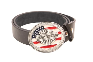 Vintage Harley Davidson Motorrad amerikanische USA Flagge Gürtelschnalle & Ledergürtel - Bild 1 von 6