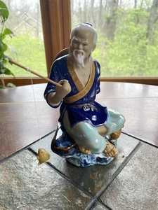 Vintage Shiwan Mudman Chinese Pottery Figurine Statue Seated Man Fishing - Bild 1 von 12