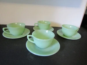 Vtg Fire King Jane Ray Ribbed Jadeite Set of 4 Teacups & Saucer USA - Picture 1 of 11
