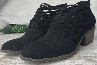 FERGALICIOUS Bandana Ankle Boots Women’s 9.5 Black Faux Suede Strappy Block Heel - Image 1 of 4