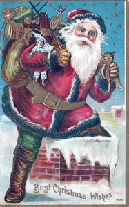 WEIHNACHTEN - Der Weihnachtsmann geht unter Schornstein beladen mit Spielzeug Postkarte - 1910 - Bild 1 von 2