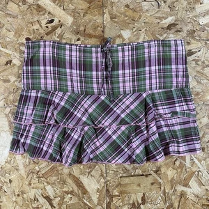 RARE Vintage Y2K Roxy Surf Pink Green Plaid Mini Ruffle Skirt Womens Size Large - Picture 1 of 4