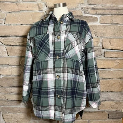 Chaqueta de mujer SO a cuadros verde multi franela con botones talla pequeña Foto 1 de 4