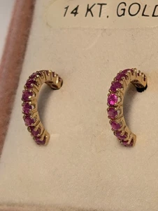 NEW~14k Yellow Gold~**NATURAL RUBY  1/2 HOOP POST EARRINGS**~Round Stones~BOXED - Picture 1 of 8