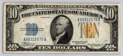 1934 10 Dollar NORTH AFRICA Silver Certificate Yellow Seal WWII Bill Series A - Image 1 of 2