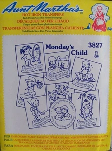 Aunt Marthas 3827 MONDAY'S CHILD Fair of Face Baby Nursery Transfer Pattern UNCT - Picture 1 of 2