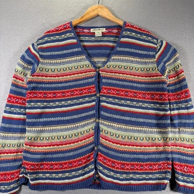 Cárdigan suéter vintage de punto a rayas medianas Eddie Bauer para mujer azul algodón lino Foto 1 de 4