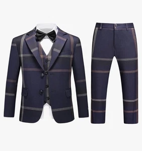Boys Slim Fit Suit Tuxedo for Boy Check Plaid 3 Piece Set for Kids Formal Sz 10 - Picture 1 of 11
