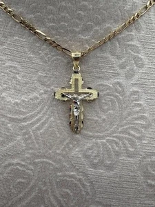 14KT YELLOW & WHITE GOLD CRUCIFIX CROSS PENDANT. - Picture 1 of 5