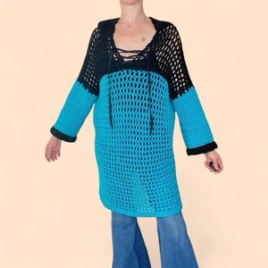 Vintage Handarbeit schwarz & blau türkis Häkel Kapuze Tunika Pullover - Bild 1 von 8