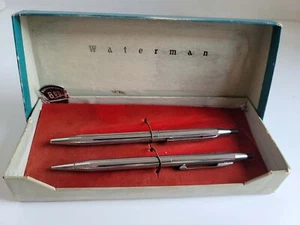 Waterman Ballpoint Pen & Pencil Set Silver or Chrome Made In USA W/Original Box - Foto 1 di 8