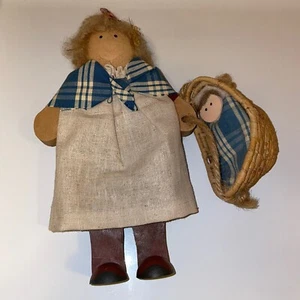 Painted Wood Doll Mom with a Baby In a Basket Folk Art - Picture 1 of 8