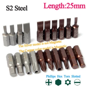 25mm Short Driver Bit Phillips/Slotted/Hex/Torx S2 Magnetic Screwdriver Bits - Picture 1 of 9