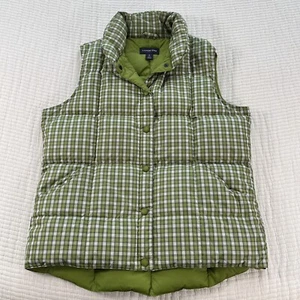 Lands End Womens Puffer Best Medium Green Plaid Down Jacket Coat Snap Up Outdoor - Picture 1 of 10