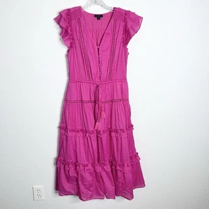 J. Crew Dress Women 8 Midi Pom Pom Voile Hot Pink Stretch Waist Pockets B25 - Picture 1 of 11