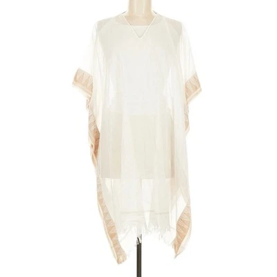 Eileen Fisher Algodón Transparente Cubierta, Túnica, Caftán, Blanco con Flecos Tostados OS NUEVO Foto 1 de 4