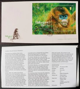 Guernsey Stamps: "Endangered Species - Golden Snub Nosed Monkey" £2 M/S FDC 2004 - Picture 1 of 3