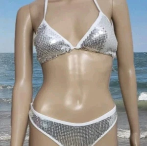 sexy Koucla Bikini Set mit Pailletten silber-weiß S M 38 40 Neckholder damen neu - Bild 1 von 5