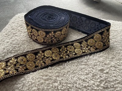 Dark Blue Velvet And Gold Beaded trim sold per yard 3inch Wide - Image 1 of 3
