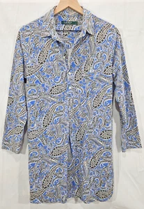 Camisa de noche Ralph Lauren cachemira algodón cuello manga larga azul preppy para mujer L - Imagen 1 de 14
