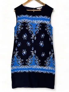 Womens Shift Dress Size 12 Black Blue Floral Geometric Design Business Casual - Picture 1 of 5