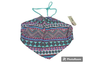 Sz M NWT $37 Arizona Jean Co Junior Halter Swim Top Green Pink Handkerchief New - Picture 1 of 7