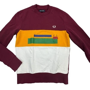 Fred Perry Crewneck Sweatshirt Mens S Maroon Colorblock Pullover Long Sleeve - Picture 1 of 9