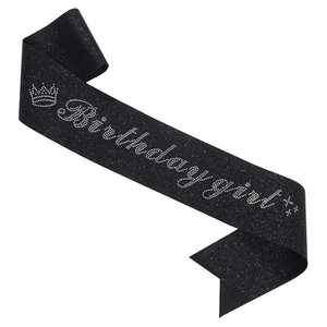 Birthday Sash for Girl Black Glitter Satin Silver Rhinestone Party Supplies - Picture 1 of 7