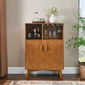 31.5" Liquor Cabinet with Wine Glass Holder & Wine Rack & Adjustable Shelf - Picture 1 of 9